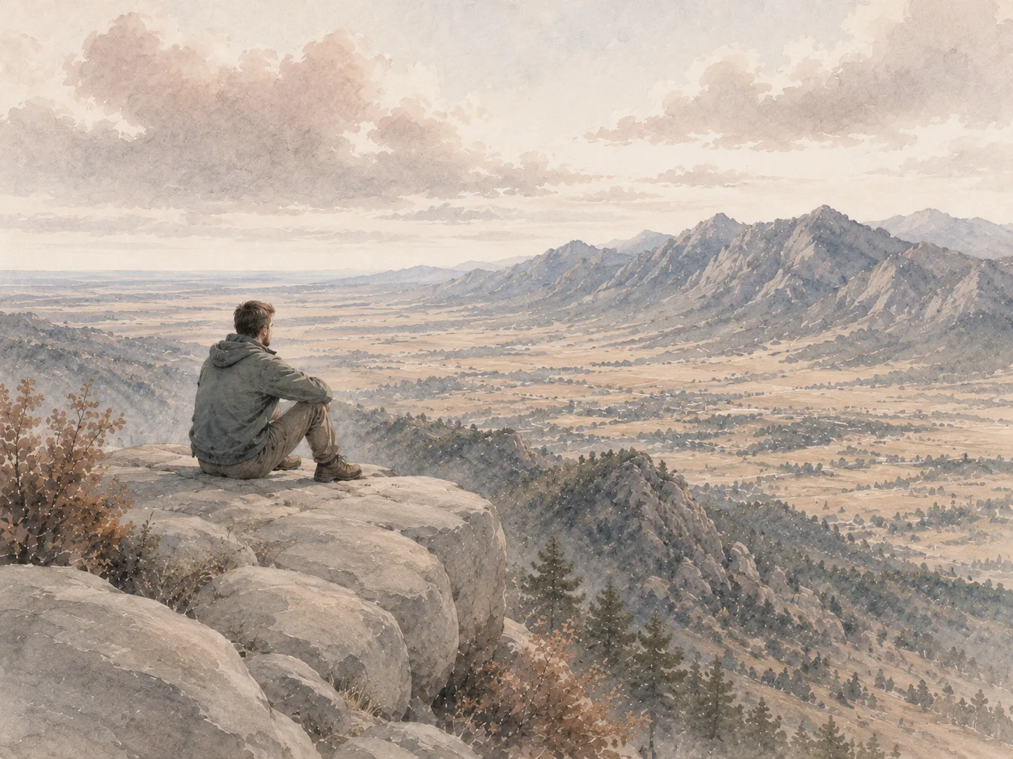 A figure sitting on a rock ledge, looking out over a wide valley to distant mountains.