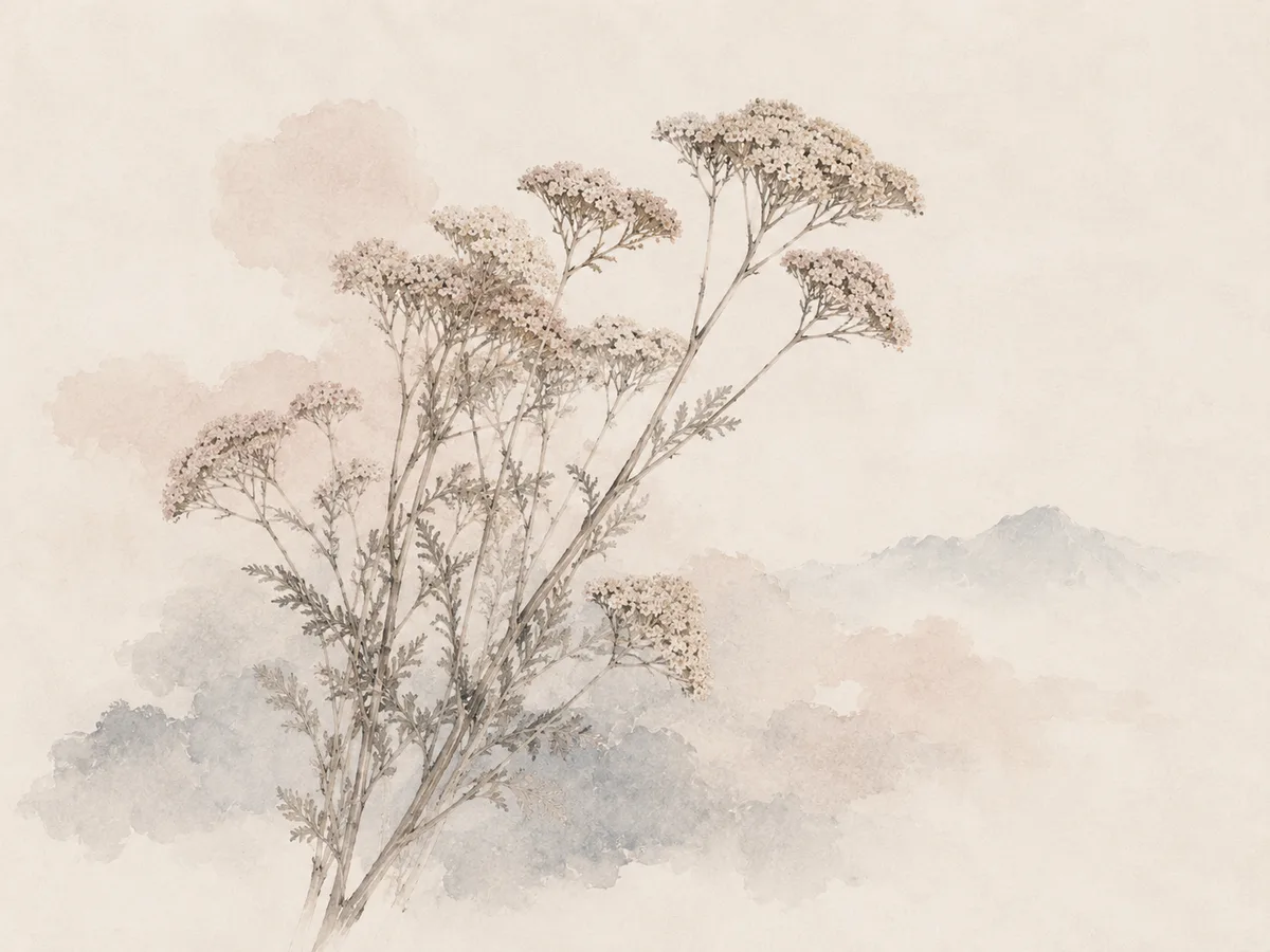 Yarrow in flower against a pale wash of cloud and distant mountain.