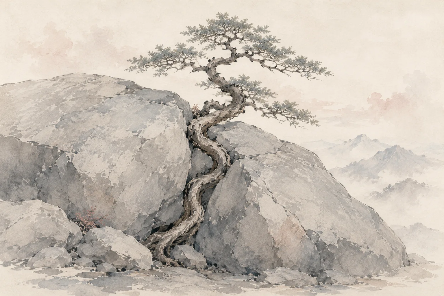A watercolour of a wind-shaped pine rooted in the cleft of a great grey boulder, mountains fading into mist behind it.