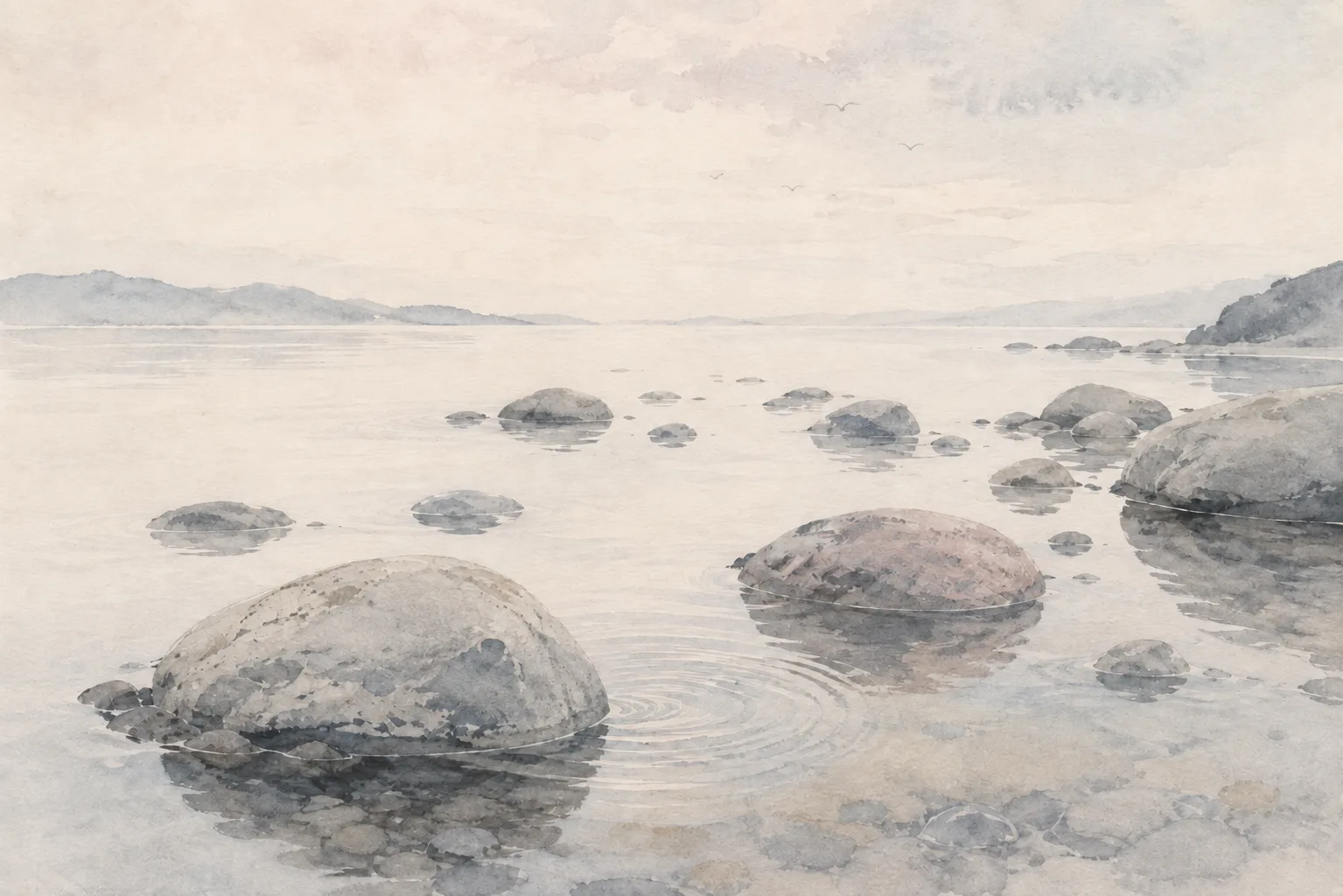 A watercolour of still pale water among low grey stones, distant hills beyond, a single ring of ripples spreading.